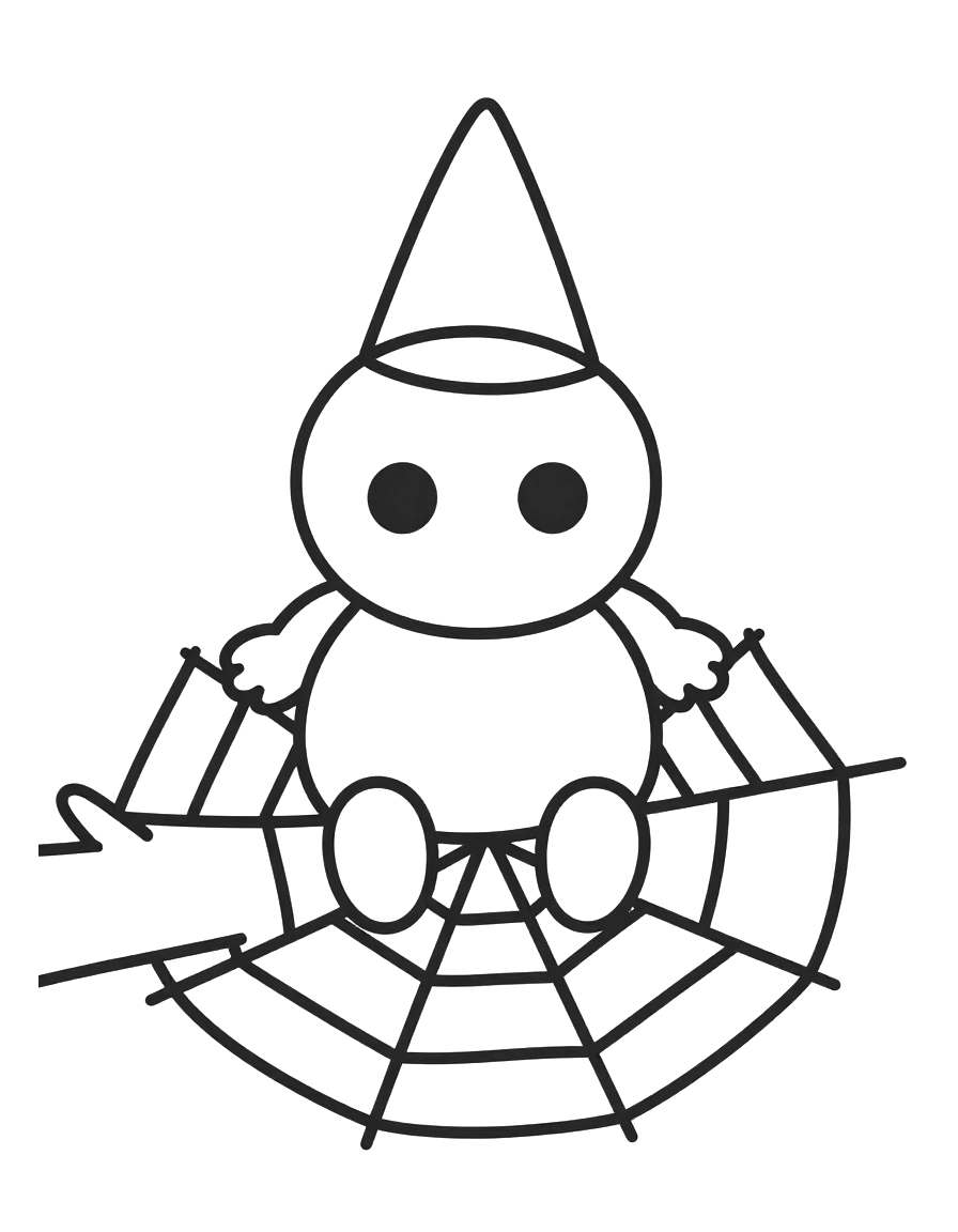 Coloriage d'une araignée souriante coiffée d'un petit chapeau pointu, assise au centre d'une grande toile entre deux branches.