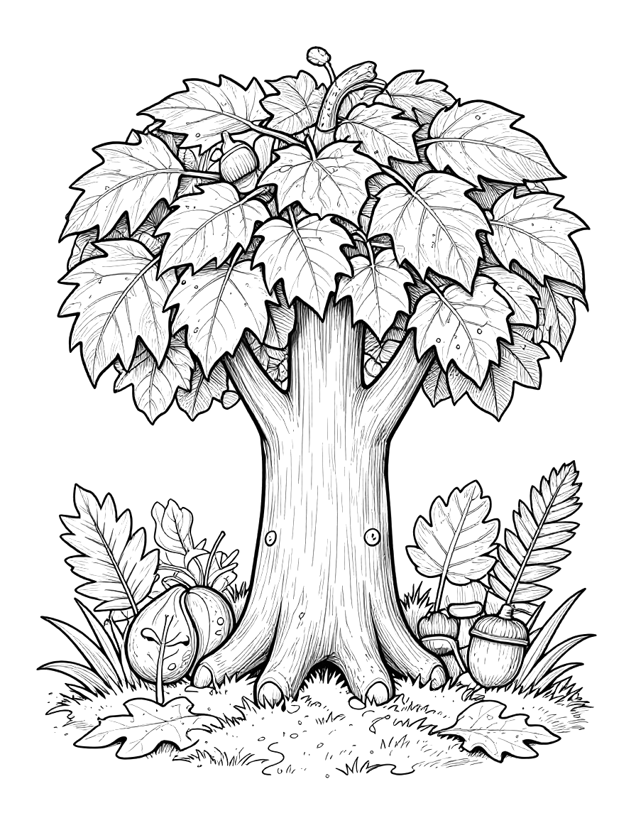 Coloriage d'un grand arbre aux feuilles d'automne entouré de glands et d'une lanterne citrouille posée sur l'herbe.