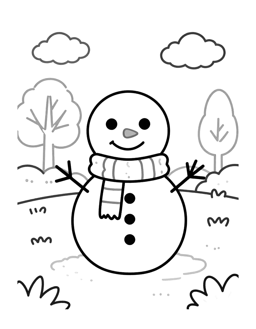 Coloriage d'un enfant en maillot rayé qui construit un bonhomme de neige dont la tête est un ballon de football, dans un parc enneigé.