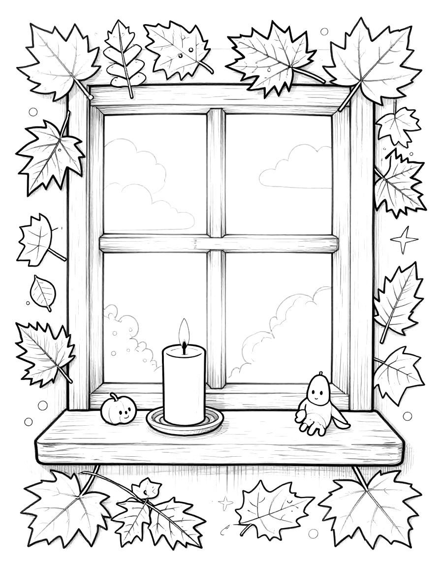 Coloriage d'une bougie posée sur un rebord de fenêtre entourée de feuilles d'automne et de petits fruits