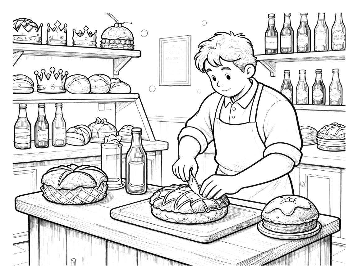 Coloriage d'un boulanger découpant une galette frangipane dans une boulangerie décorée pour l'Épiphanie, avec couronnes et bouteilles de cidre.