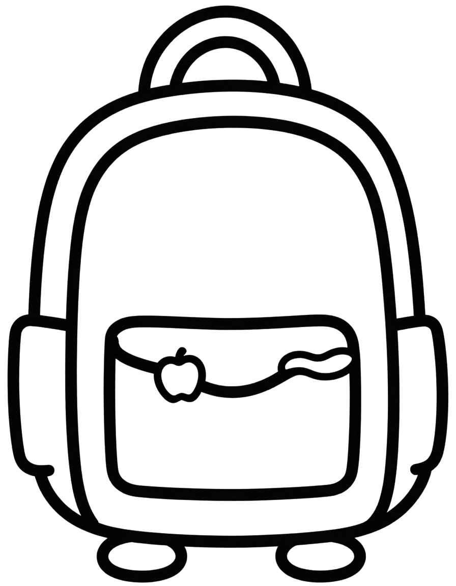 Coloriage d'un grand cartable d'école avec deux bretelles, un rabat arrondi et une petite pomme qui dépasse de la poche avant.