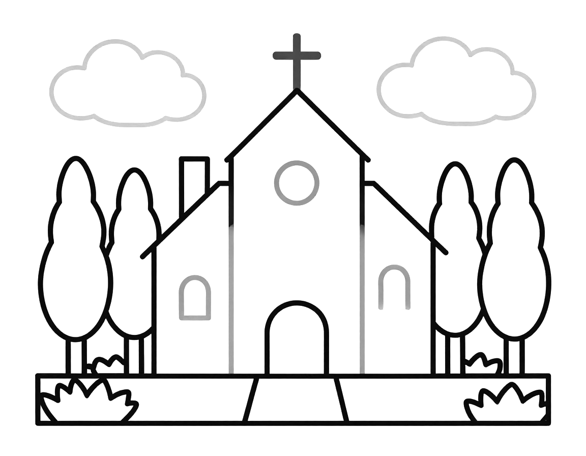 Coloriage d'une petite chapelle avec un clocher et une croix, entourée de cyprès et de feuilles tombées sous un ciel nuageux.