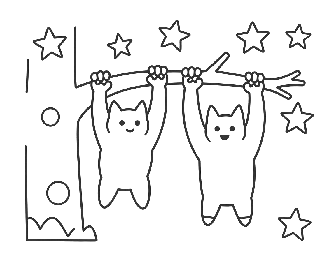 Coloriage de deux chauves-souris suspendues à une branche, entourées d'étoiles dans un ciel nocturne.