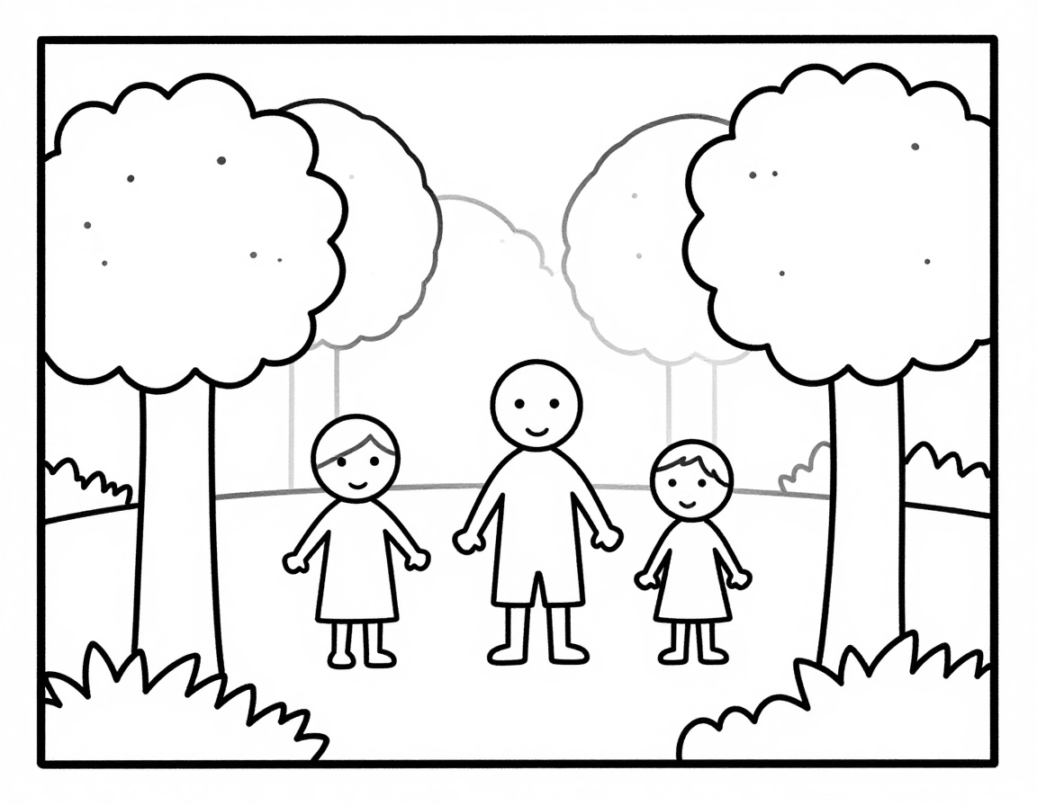 Coloriage d'une famille de trois personnes debout dans un cimetière calme entouré d'arbres aux feuilles dorées.