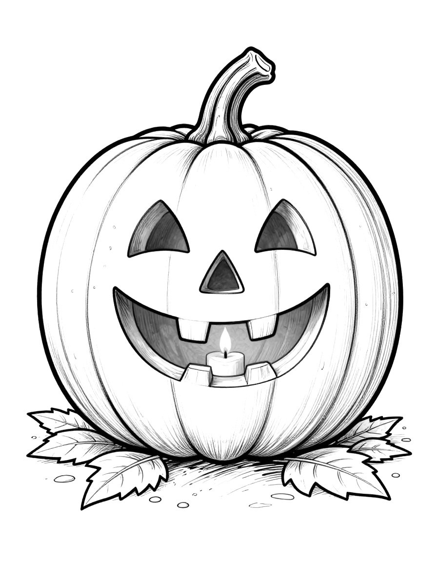 Coloriage d'une citrouille sculptée souriante avec une bougie allumée à l'intérieur, posée sur une marche entourée de feuilles d'automne.