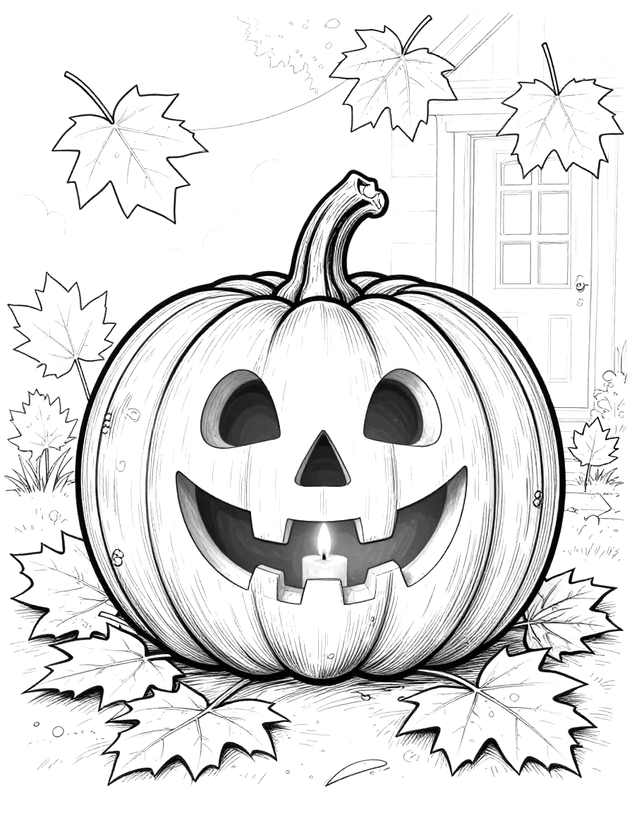 Coloriage d'une citrouille d'Halloween souriante avec une bougie allumée à l'intérieur, posée devant une porte entourée de feuilles d'automne.