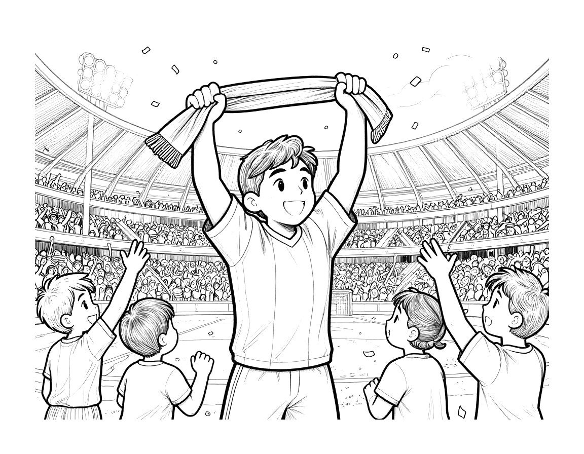 Coloriage d'un jeune capitaine de football qui lève son écharpe devant les supporters dans un stade illuminé la nuit.