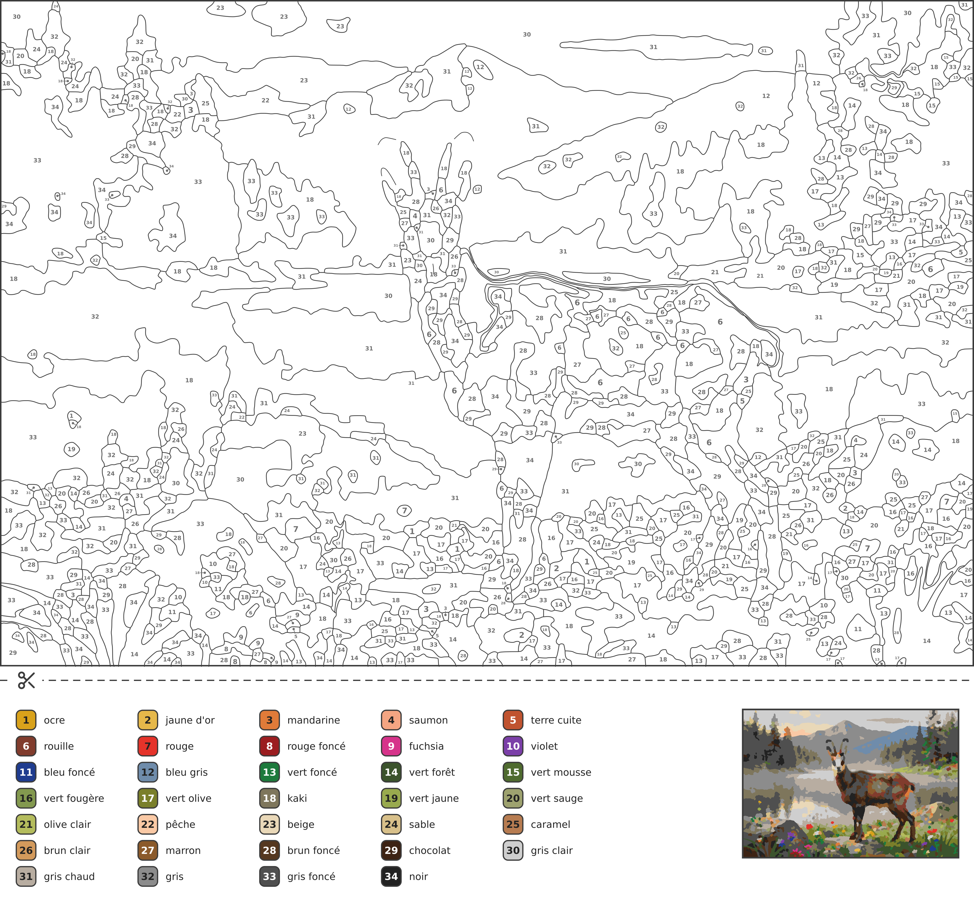 Coloriage magique d'un chamois posé sur des rochers au bord d'un lac de montagne à l'aube, entouré de fleurs sauvages et de pins dans la brume.