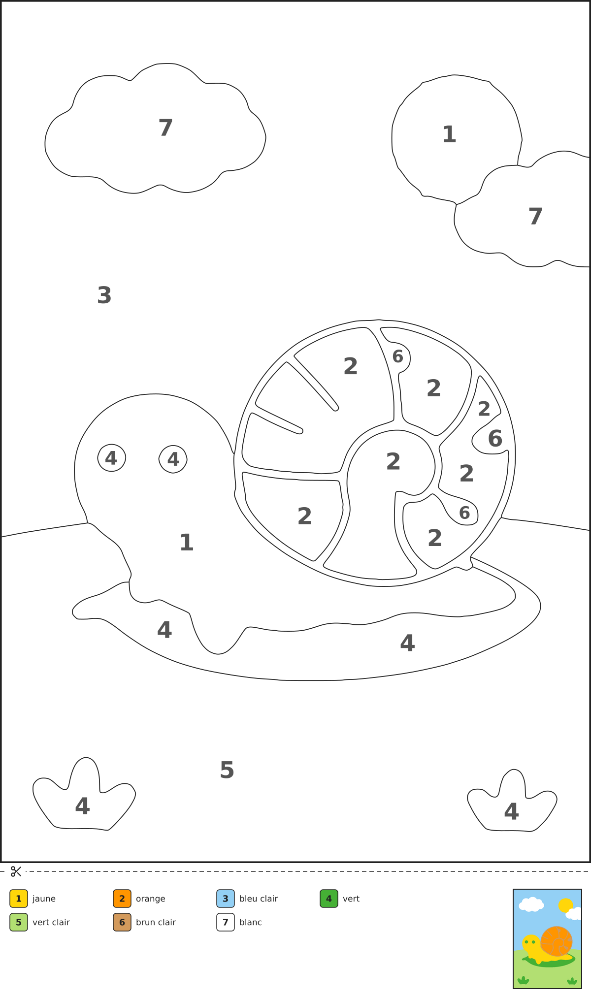 Coloriage magique d'un escargot souriant posé sur une grande feuille, avec des zones numérotées et une clé de couleurs à découper.