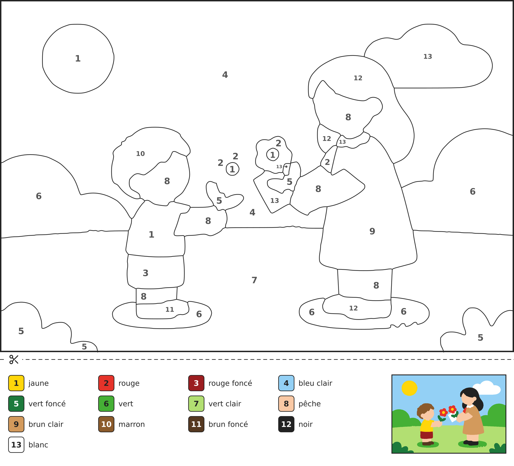 Coloriage magique d'un enfant offrant un bouquet de fleurs et une carte à sa mère dans un jardin ensoleillé, avec une clé de couleurs numérotée.