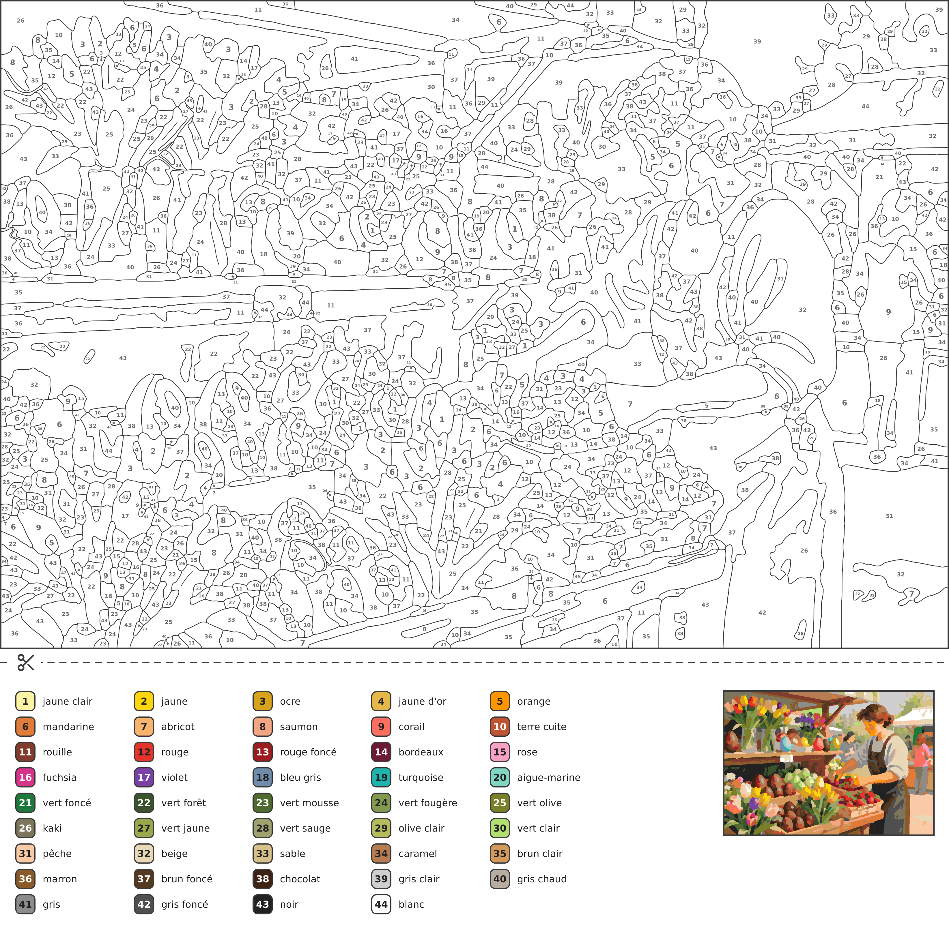 Coloriage magique d'un marché de Pâques à l'aube, avec des étals de fleurs printanières, des œufs en chocolat et des paniers de fraises.