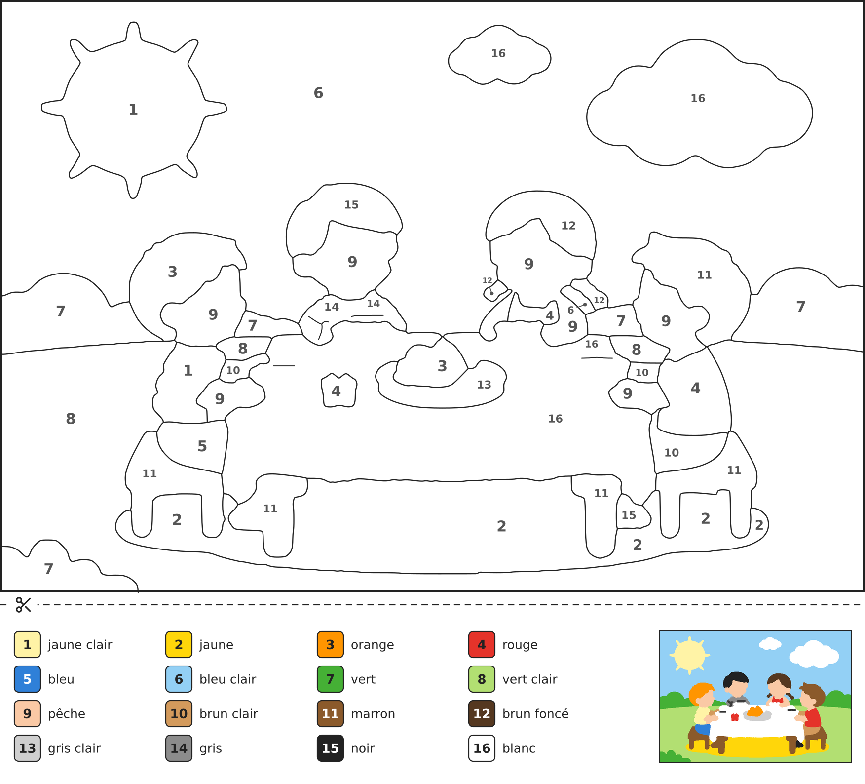 Coloriage magique d'enfants préparant un plateau de petit-déjeuner surprise pour leur père, avec croissants, tasse de café et petit cadeau sur une table ensoleillée.