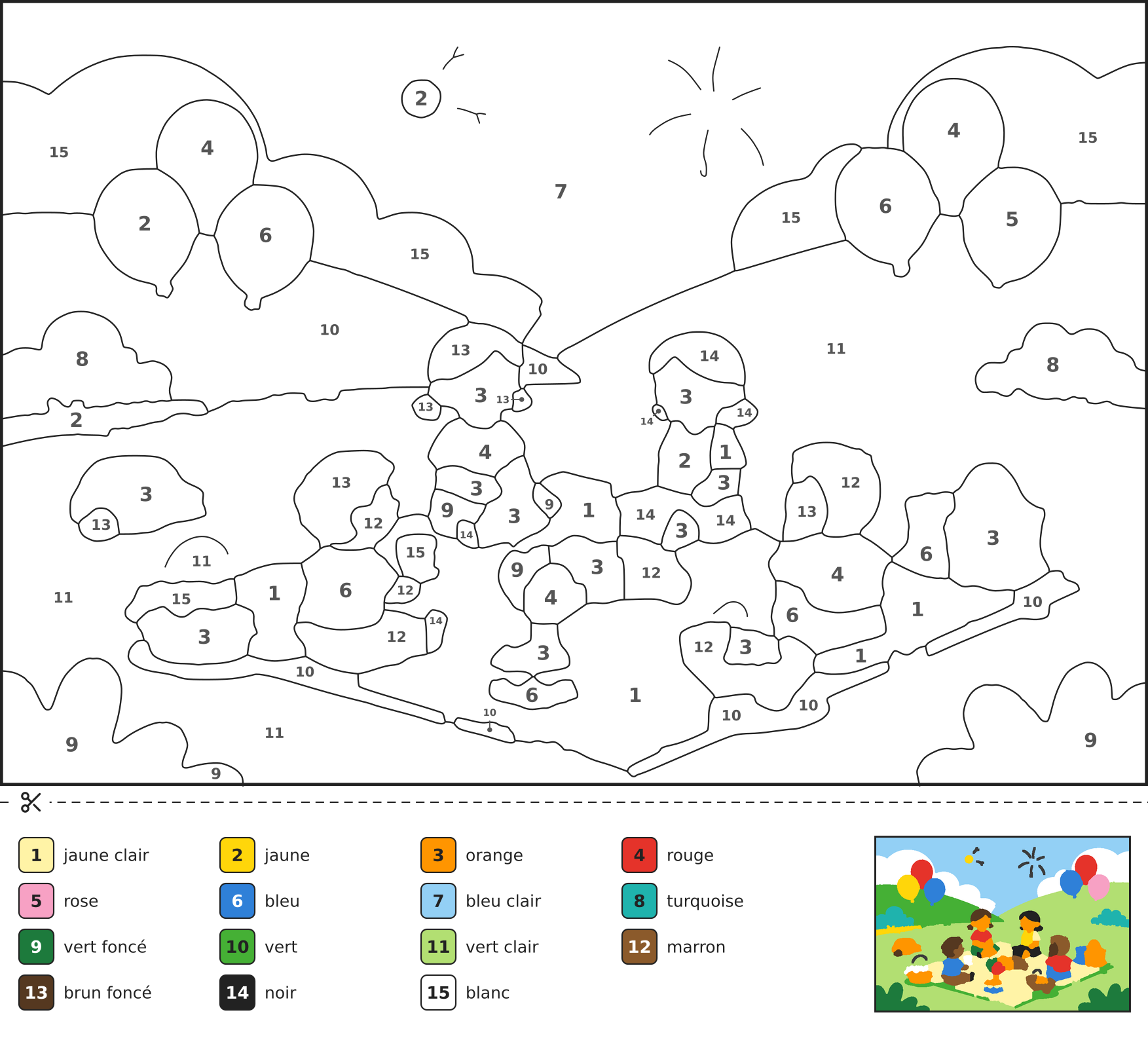 Coloriage magique d'un pique-nique familial dans un parc le 14 juillet, avec ballons, chien et feux d'artifice dans le ciel du soir.