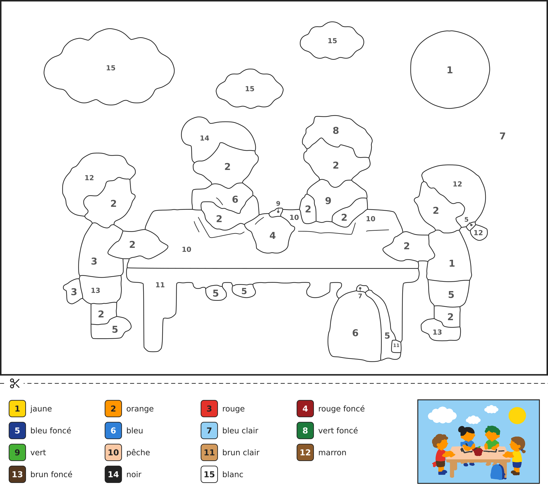 Coloriage magique montrant des enfants qui préparent leurs cartables et leurs cahiers sur une table de cuisine pour la rentrée, avec une pomme et des crayons.