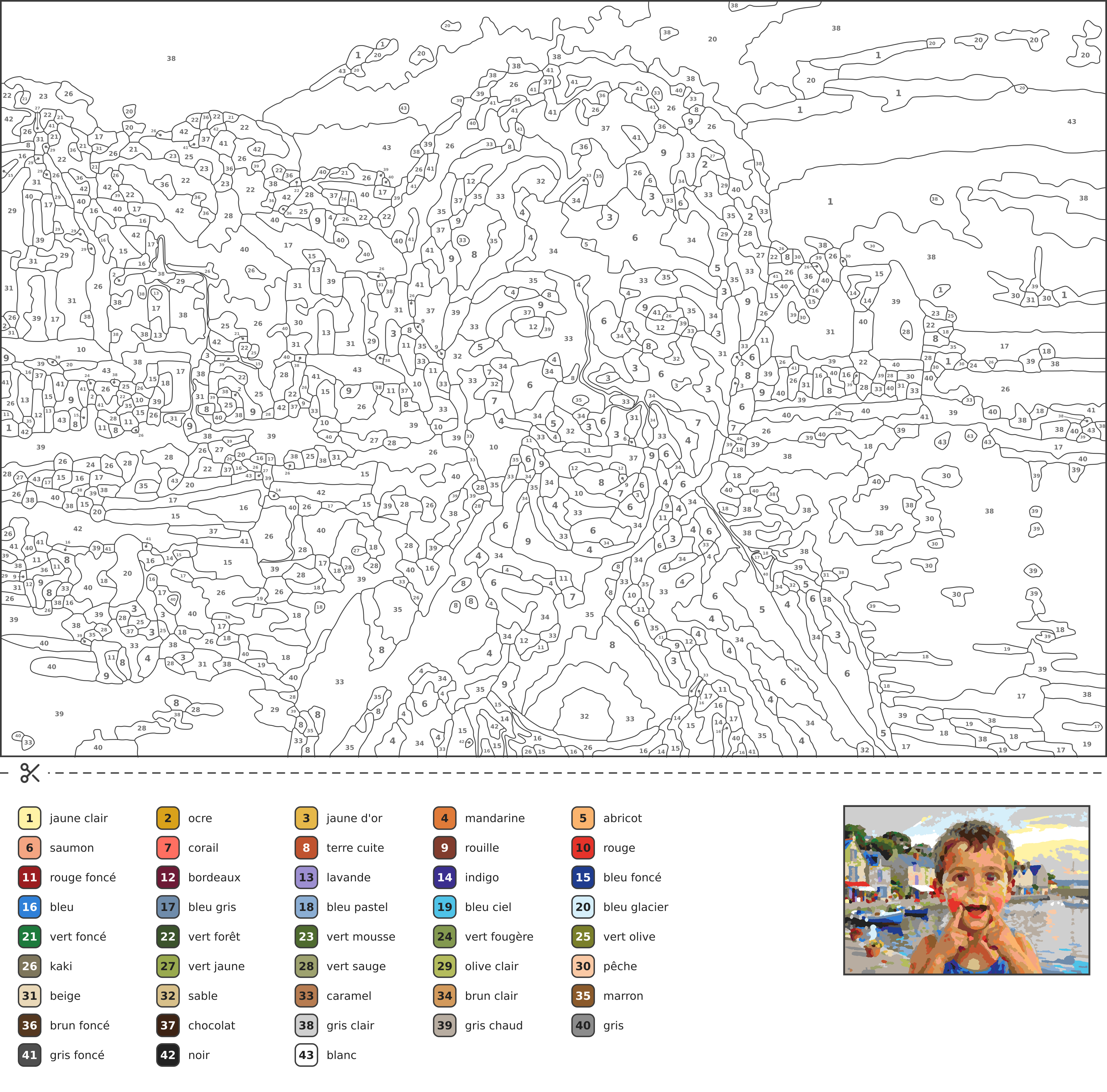 Coloriage magique d'un village de pêcheurs au lever du soleil, avec maisons en pierre, volets bleus, bateaux dans le port et pots de fleurs sur les quais.