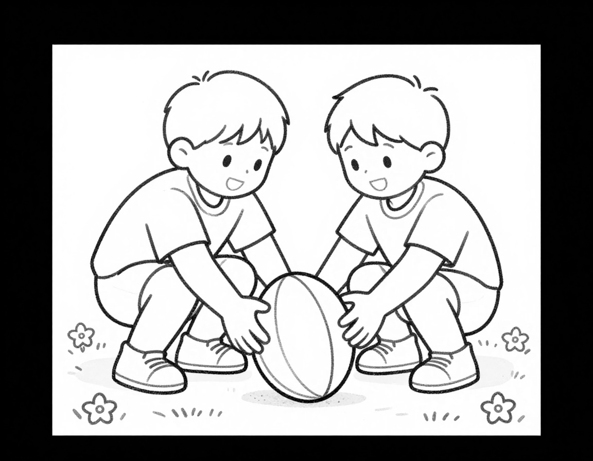 Coloriage de deux enfants accroupis en mêlée amicale autour d'un ballon de rugby posé sur l'herbe, entourés de petites fleurs.