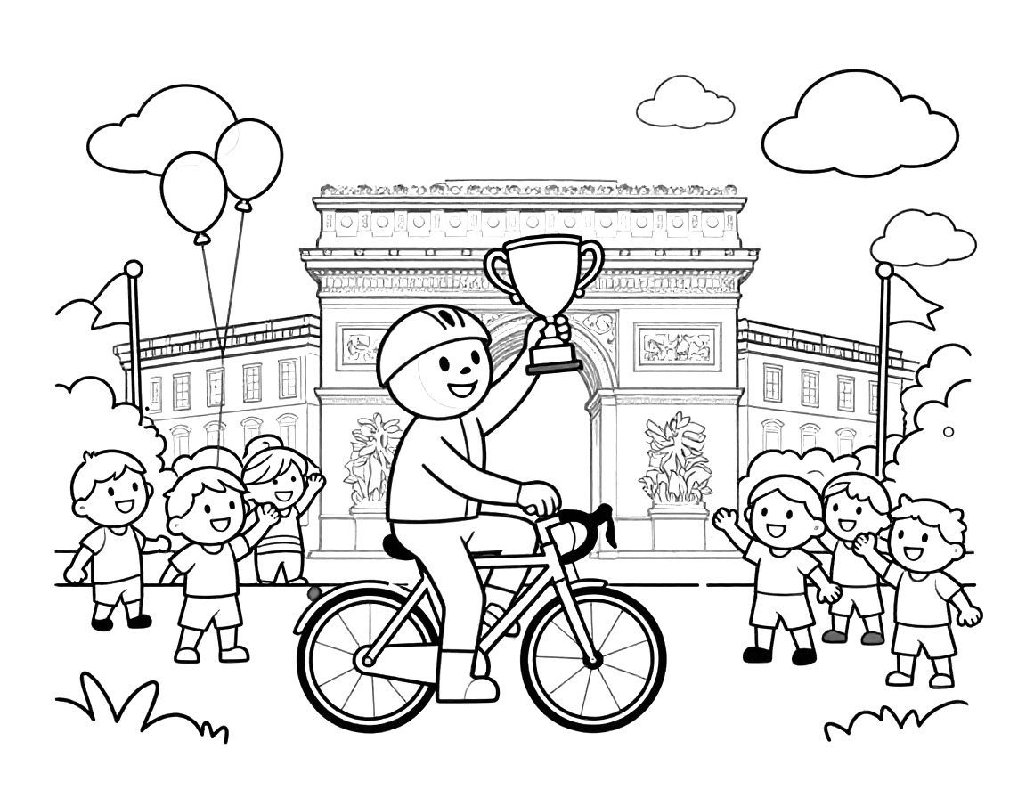 Coloriage d'un cycliste en maillot jaune qui lève un trophée sur son vélo devant l'Arc de Triomphe, entouré d'enfants et de ballons.