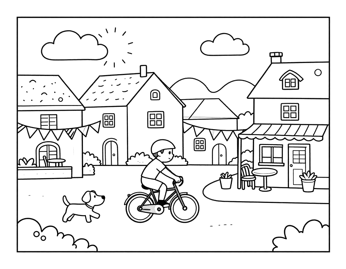 Coloriage d'un cycliste qui traverse la place d'un village français avec un chien qui court à côté et une terrasse de café.