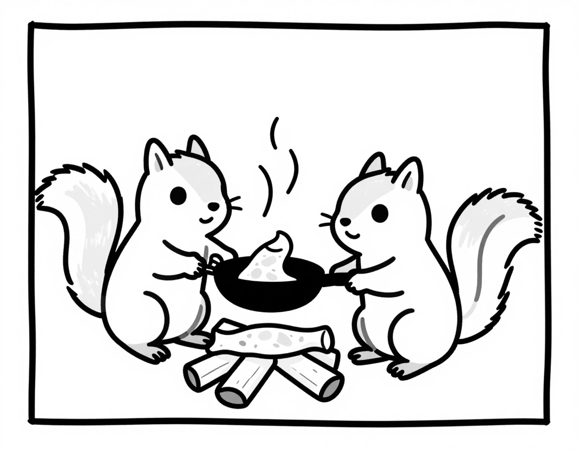 Coloriage de deux écureuils qui font sauter une crêpe dans une poêle au-dessus d'un feu de camp.