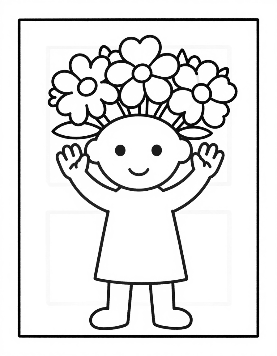 Coloriage d'un enfant souriant, les bras levés, portant une grande couronne de fleurs sur la tête.