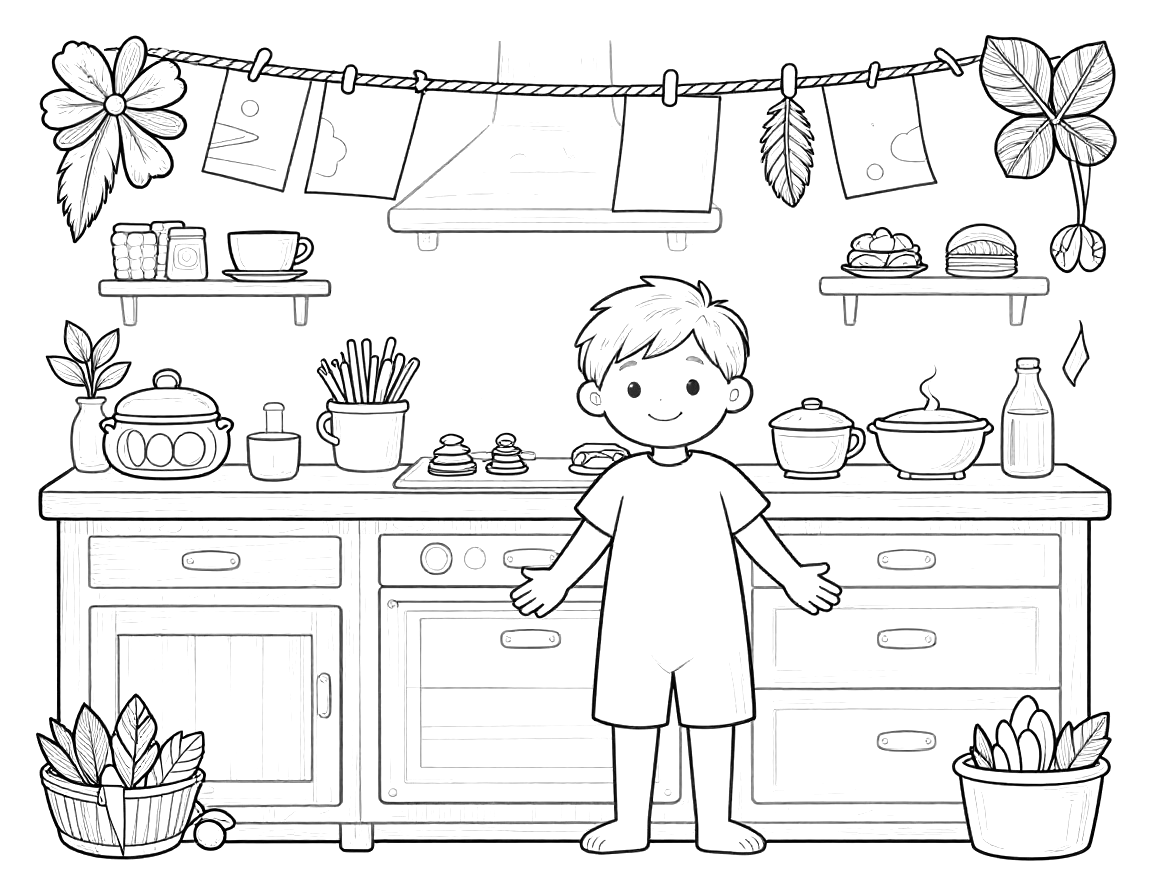 Coloriage d'un enfant debout dans une cuisine, entouré d'ustensiles, de légumes et de décorations en papier suspendues à une corde.