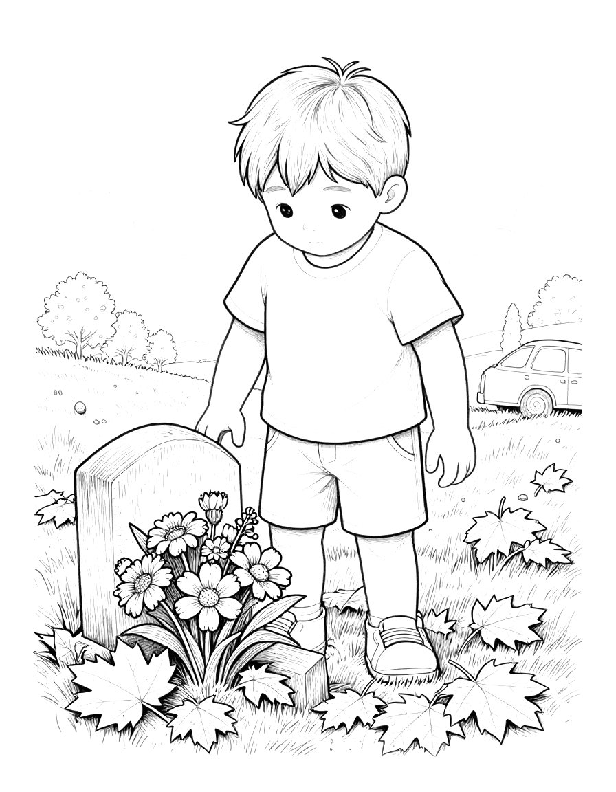 Coloriage d'un enfant déposant un petit bouquet de fleurs sur une tombe entourée de feuilles d'automne.