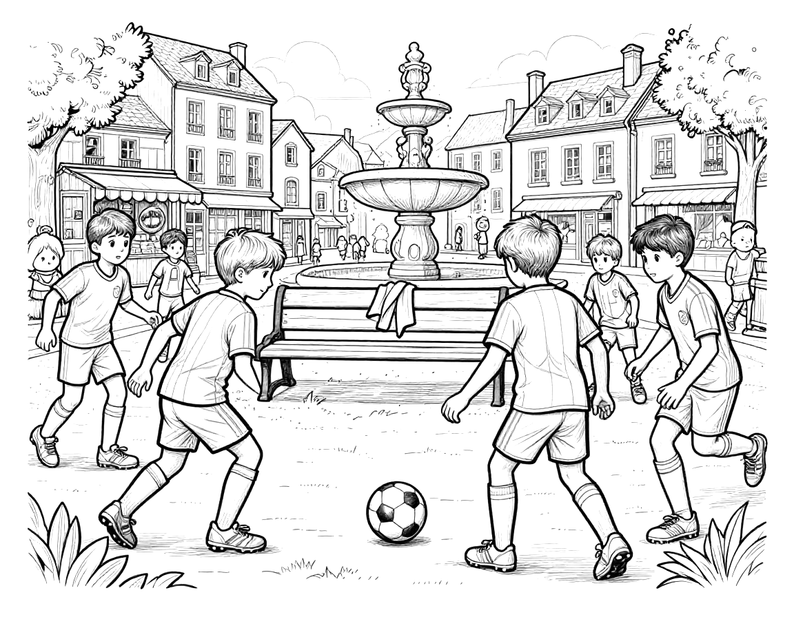 Coloriage d'un match de football improvisé sur une place de village française, avec fontaine, boulangerie et enfants en maillot.