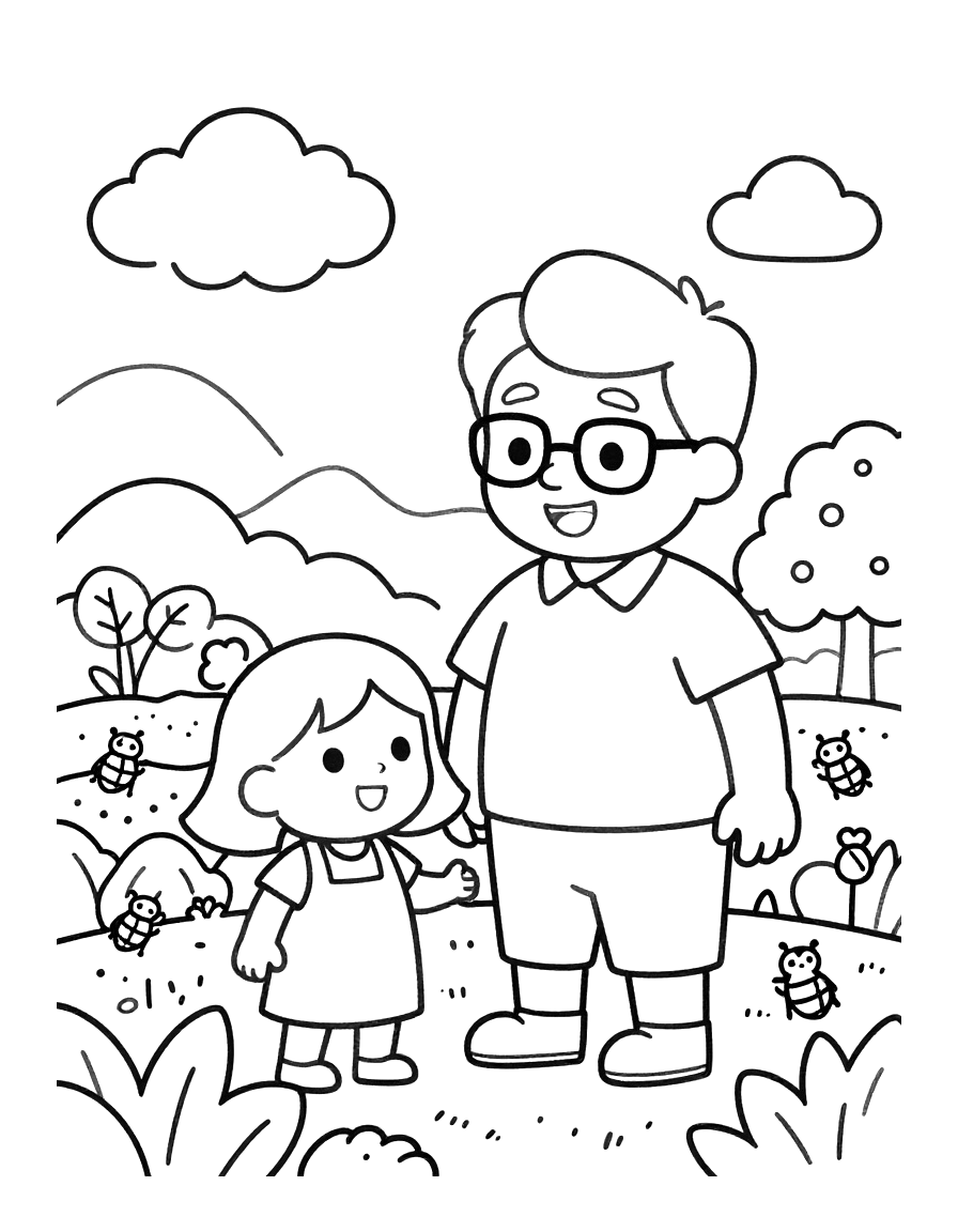 Coloriage d'un grand-père à lunettes et d'une fillette dans un potager, entourés de légumes, d'arbres et de petits insectes.