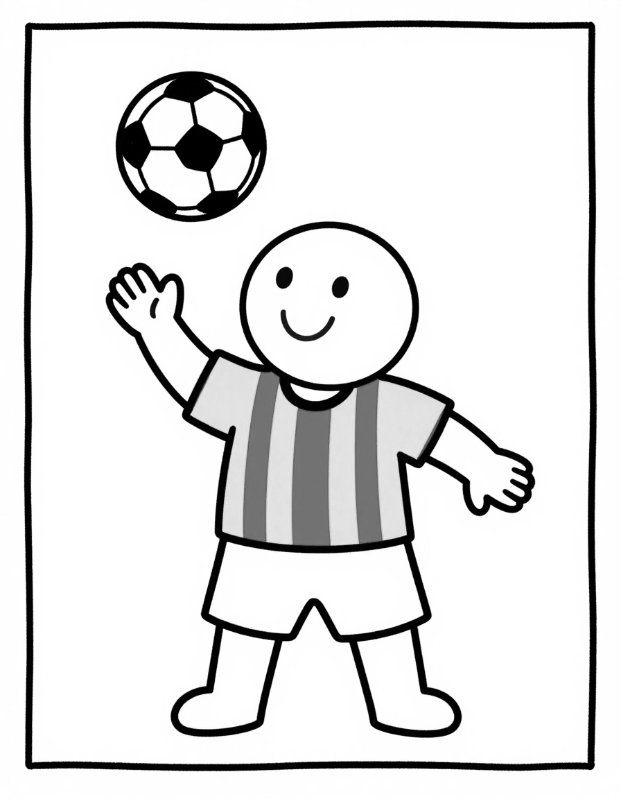 Coloriage d'un joueur de football souriant en maillot rayé qui jongle avec un ballon sur le terrain