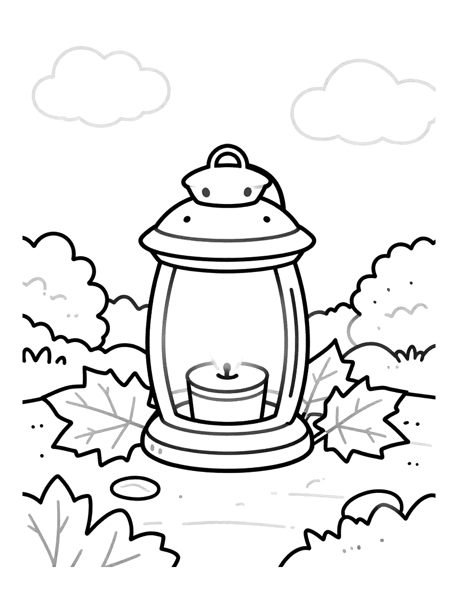 Coloriage d'une petite lanterne éclairée par une bougie, posée sur un chemin de pierre entouré de feuilles d'automne.