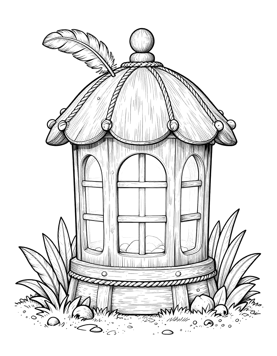 Coloriage d'une lanterne de jardin en bois posée sur un chemin de gravier, entourée de feuilles et de pierres.
