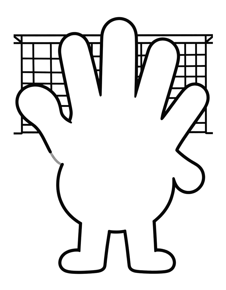 Coloriage d'une grande main ouverte devant un but de handball, avec des formes simples et épaisses.