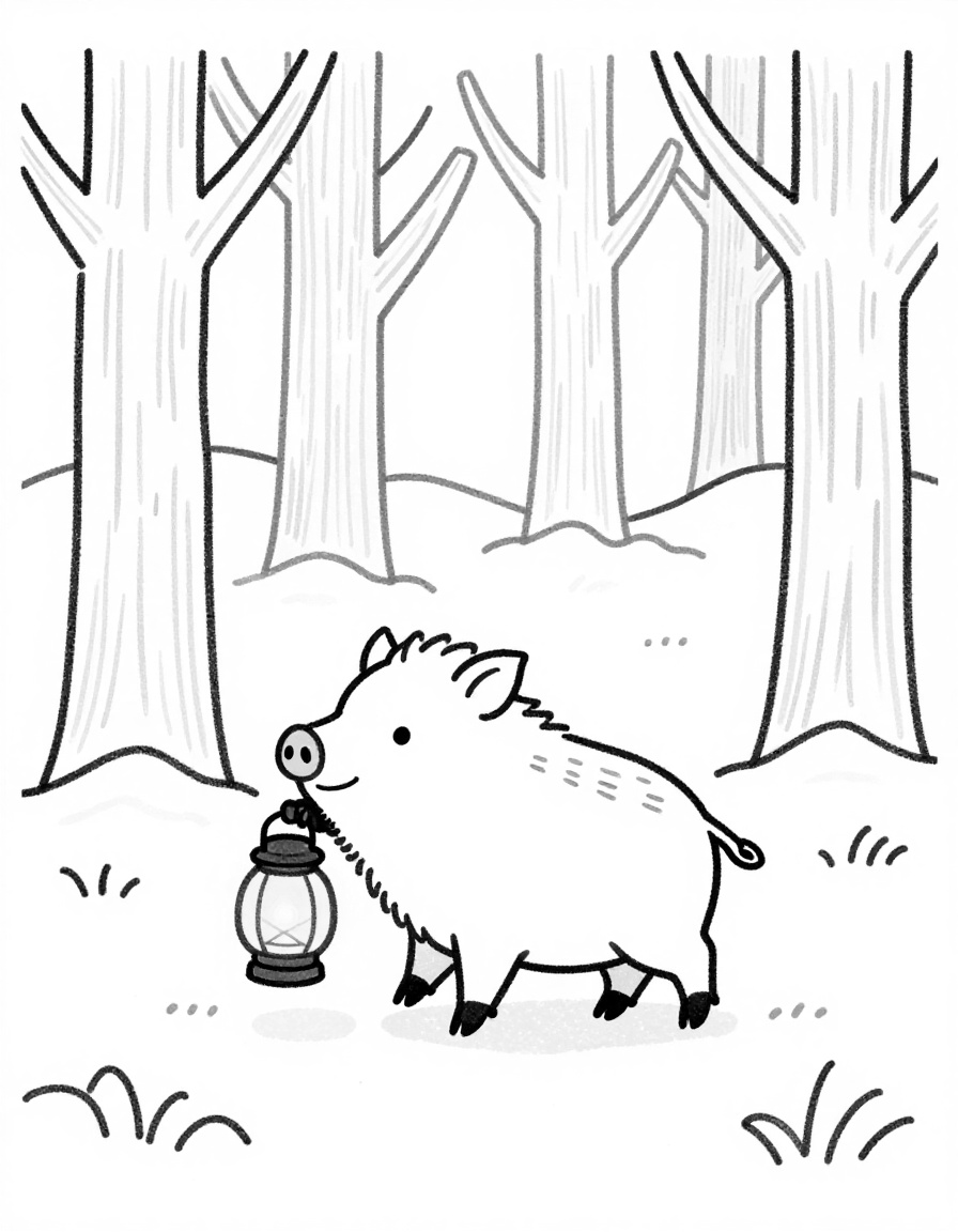 Coloriage d'un petit sanglier tenant une lanterne dans une forêt enneigée la veille de Noël.