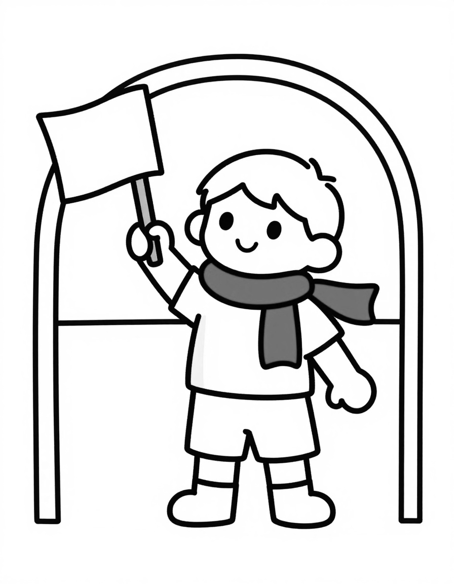 Coloriage d'un jeune supporter souriant qui agite un petit drapeau devant l'entrée d'un stade.