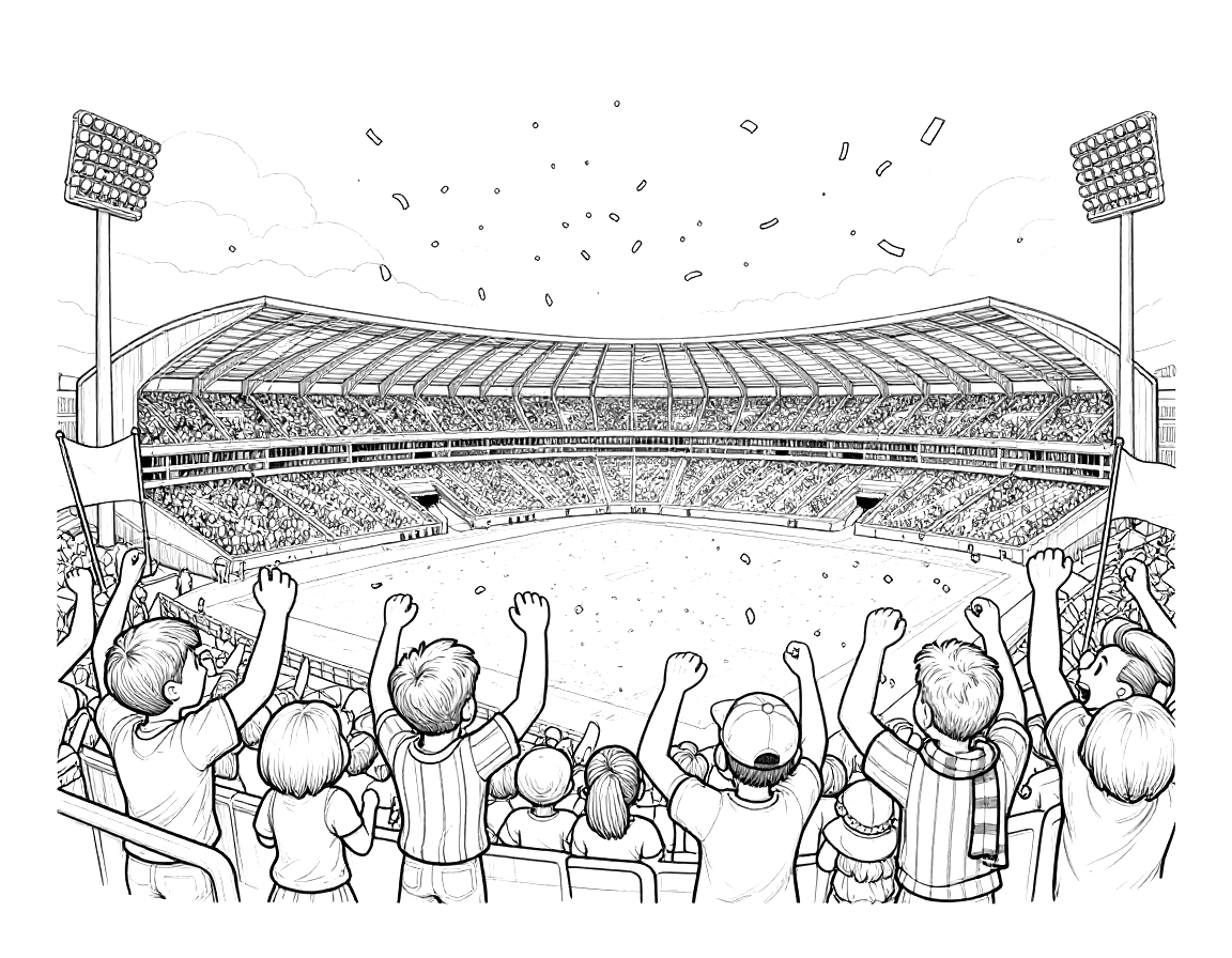 Coloriage d'un stade de football la nuit avec des supporters qui agitent des drapeaux et des confettis au-dessus de la pelouse.