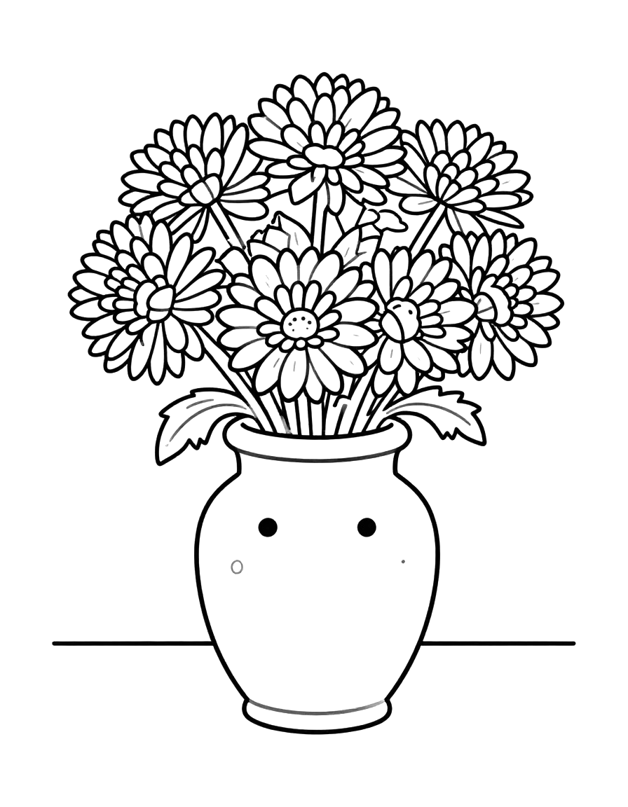 Coloriage d'un vase de chrysanthèmes posé sur une table devant une fenêtre.