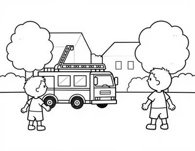 Coloriage de deux enfants qui regardent un camion de pompiers avec sa grande échelle sur la place du village le 14 juillet.