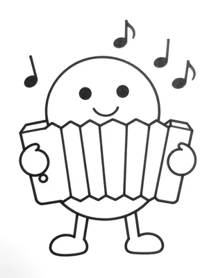 Coloriage d'un grand accordéon souriant avec des boutons ronds et des notes de musique qui flottent autour de lui.