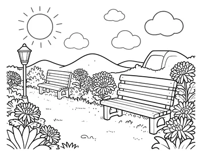 Coloriage d'une allée de jardin bordée de bancs, d'un lampadaire et de massifs de chrysanthèmes sous un ciel ensoleillé.