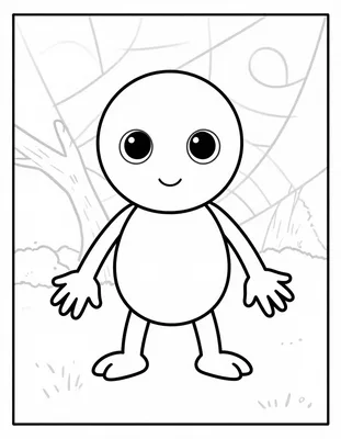 Coloriage d'une araignée souriante aux grands yeux, debout devant sa toile tissée entre deux branches d'arbre.