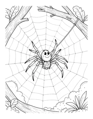 Coloriage d'une araignée souriante au centre d'une grande toile tendue entre deux branches, avec des feuilles et des buissons autour.