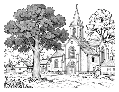Coloriage d'un grand arbre aux feuilles d'automne devant une église de village avec son clocher.