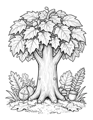 Coloriage d'un grand arbre aux feuilles d'automne entouré de glands et d'une lanterne citrouille posée sur l'herbe.