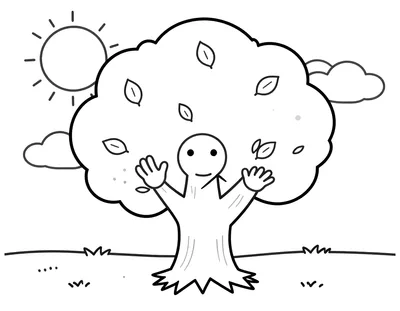 Coloriage d'un arbre au visage souriant, les bras levés, avec quelques feuilles dorées, un soleil et des nuages dans un ciel calme.