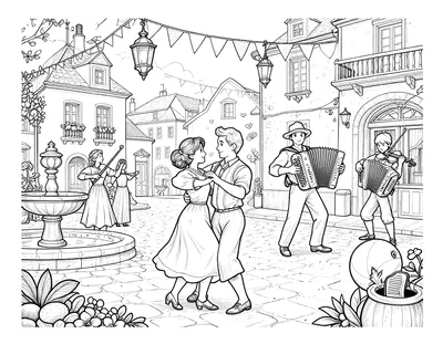 Coloriage d'un bal de village avec des couples qui dansent, un accordéoniste, un violoniste, des guirlandes et une fontaine.