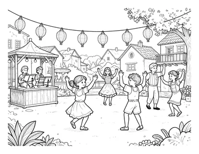 Coloriage d'un bal populaire de nuit sur une place de village, avec des enfants et des parents qui dansent sous des lanternes en papier.