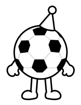 Coloriage d'un ballon de football souriant portant un chapeau de fête pointu, avec des bras et des jambes.