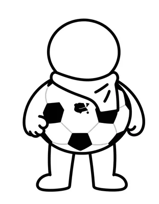 Coloriage d'un gros ballon de football portant une écharpe rayée sur une pelouse.