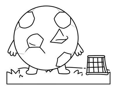 Coloriage d'un grand ballon de football à panneaux hexagonaux posé sur l'herbe, avec une écharpe rayée et une petite cage de but.